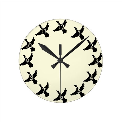 Yellow Silhouette Flying Duck Round Clock