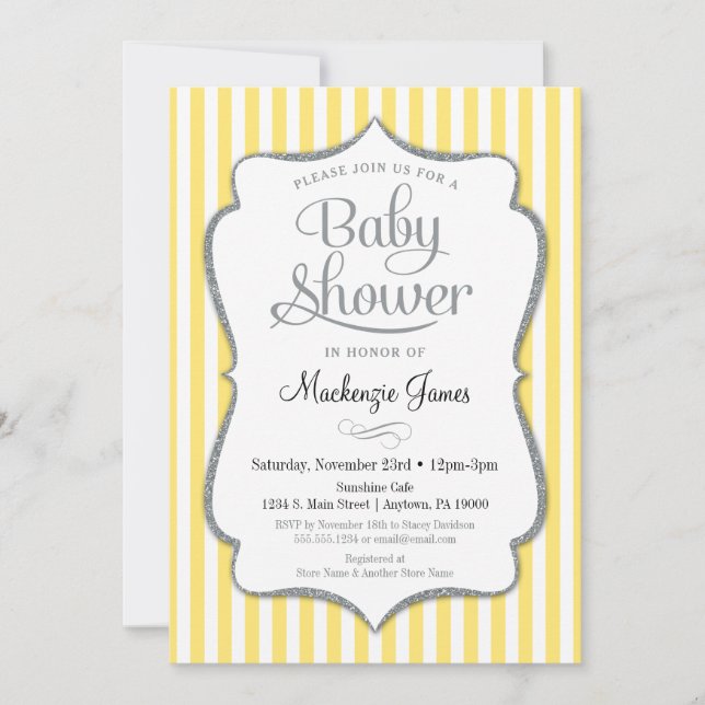 Yellow Silver Baby Shower Invitation Neutral Gray (Front)