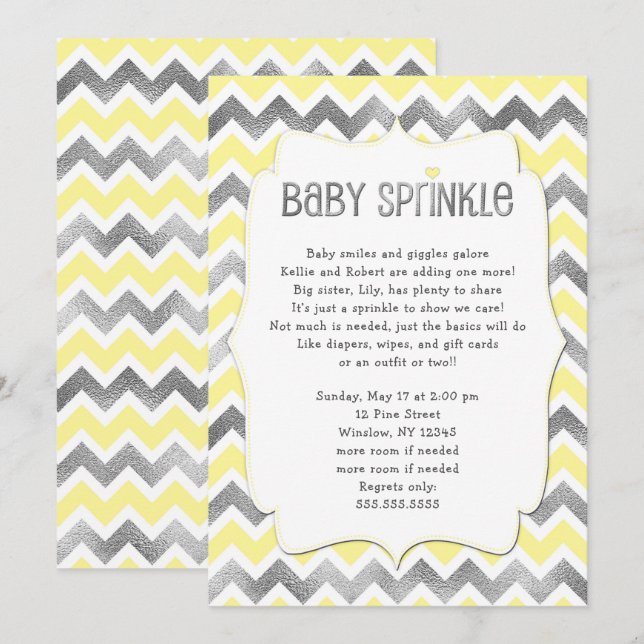 Yellow Silver Baby Sprinkle baby shower invitation (Front/Back)