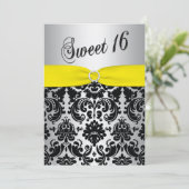 Yellow, Silver, Black Damask Sweet 16 Invitation (Standing Front)