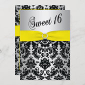 Yellow, Silver, Black Damask Sweet 16 Invitation (Front/Back)