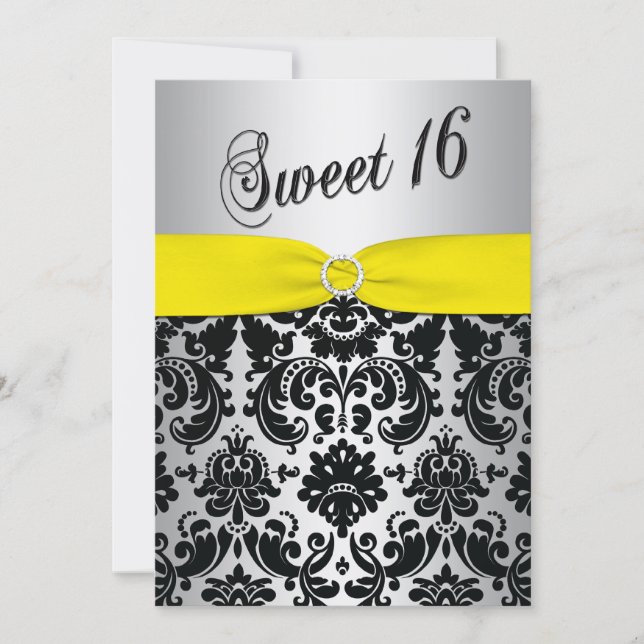 Yellow, Silver, Black Damask Sweet 16 Invitation (Front)