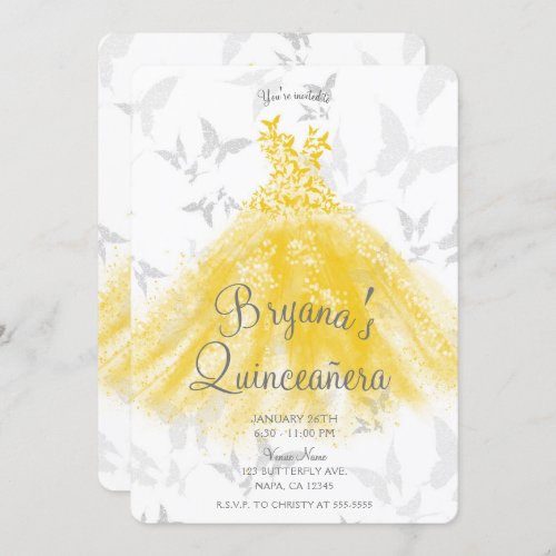 Yellow Silver Butterfly Dance Dress Quinceaera  Invitation