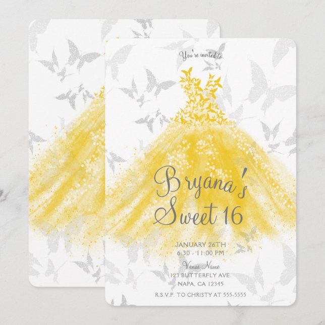 Yellow Silver Butterfly Dance Dress Sweet 16 Party Invitation (Front/Back)
