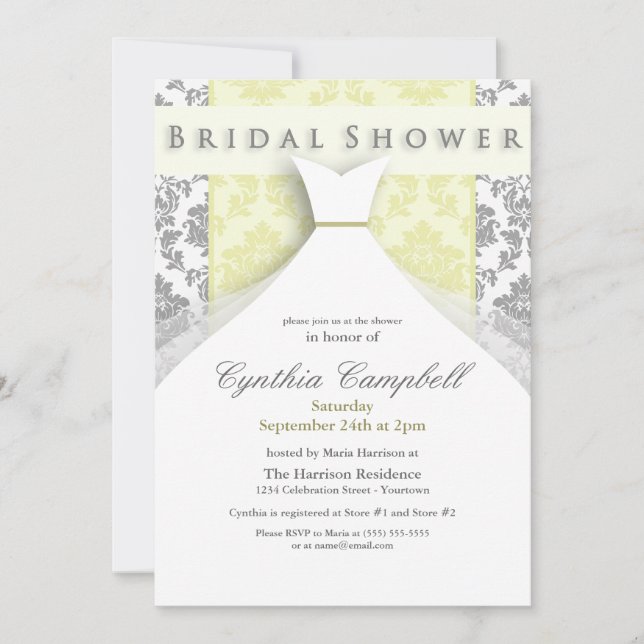 Yellow/Silver Damask Bridal Shower Invitations (Front)