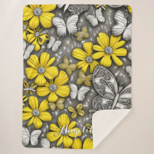 Yellow Silver Floral Butterflies Personalized Name Sherpa Blanket