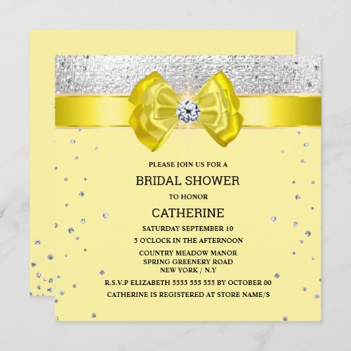 Yellow silver glitter bow elegant chic sparkle  invitation