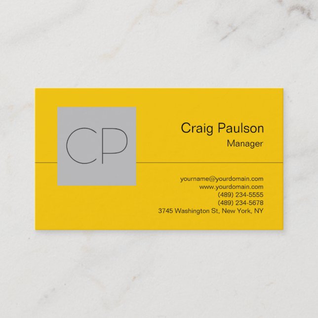 Yellow Silver Gray Chic Monogram Business Card (Front)