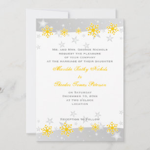 Yellow, silver grey snowflake wedding invitation