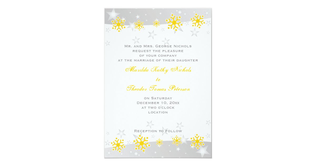 Yellow, silver grey snowflake wedding invitation | Zazzle.com
