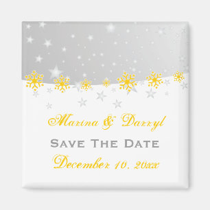 Yellow silver grey snowflake wedding Save the Date Magnet