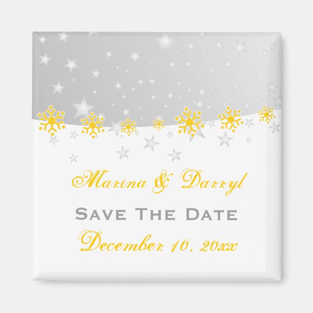 Yellow silver grey snowflake wedding Save the Date Magnet (Front)