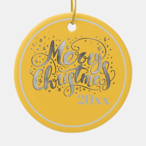 Yellow Silver Merry Christmas Year Ceramic Ornament
