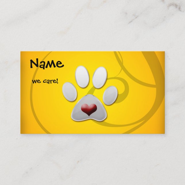Yellow Silver Paw Heart Pet Business Card (Front)