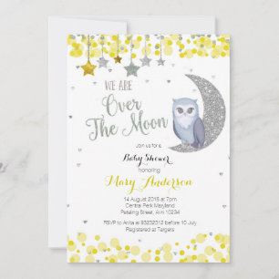 Yellow Silver Pink Owl Moon Baby Shower Invitation