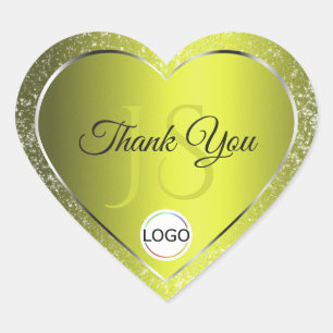 Yellow Silver with Logo Initials Glitter Thank You Heart Sticker