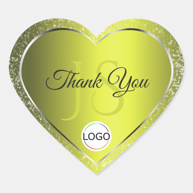 Yellow Silver with Logo Initials Glitter Thank You Heart Sticker (Front)