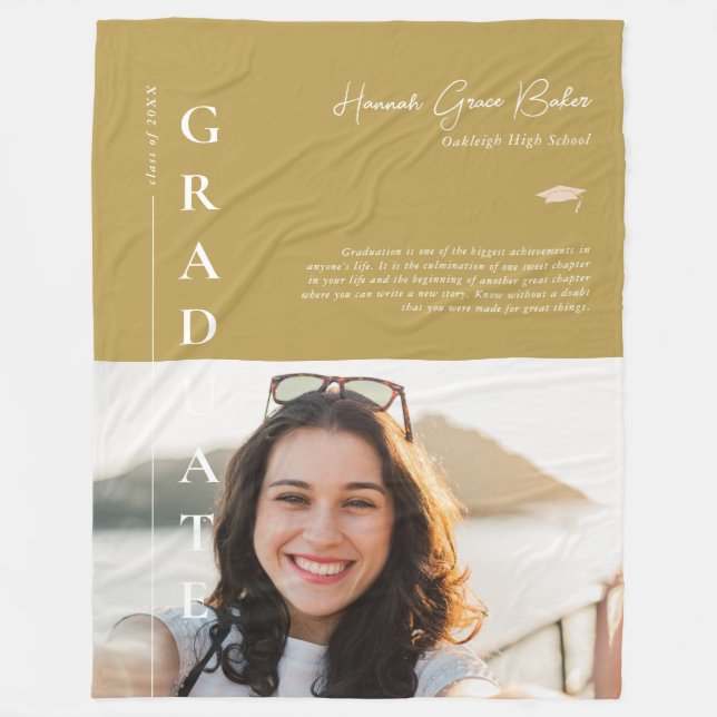 Yellow | Simple Graduation Photo & Quote Fleece Blanket (Front)