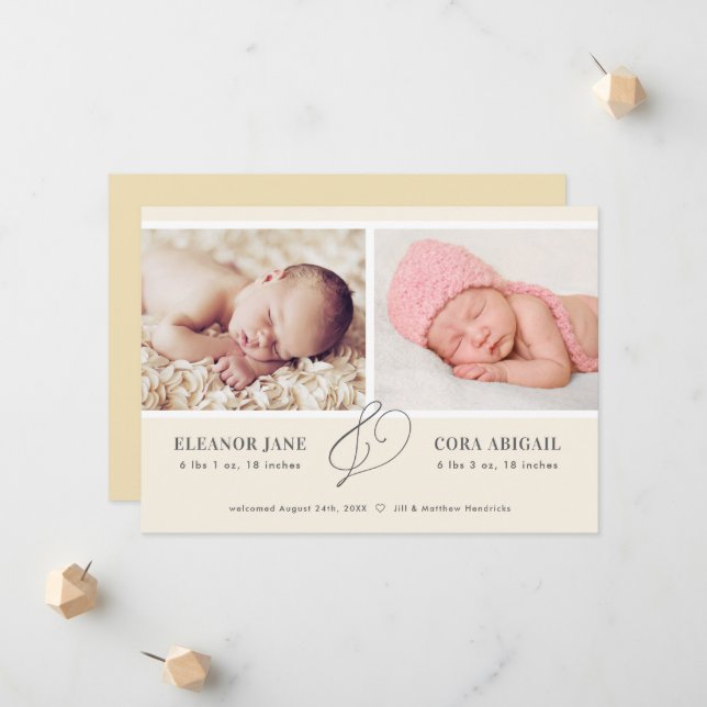 Yellow Simple Twins Photo Birth Announcement (Front/Back In Situ)