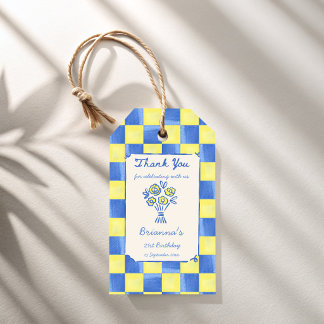 Yellow sky blue checks modern birthday party favor gift tags