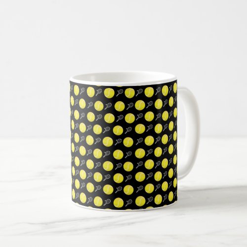 Yellow Small Tennis Ball and Rackets Pattern Black Coffee Mug