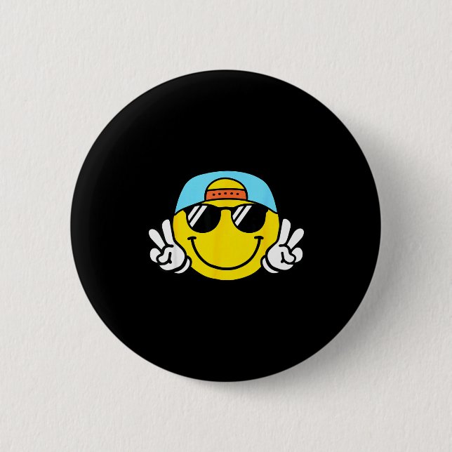 Yellow Smile Face Cute Checkered Peace Smiling Hap Button (Front)