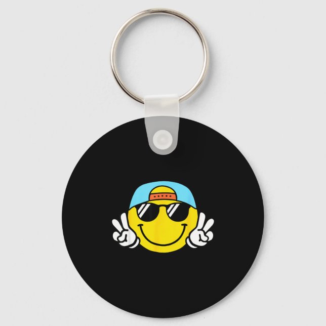 Yellow Smile Face Cute Checkered Peace Smiling Hap Keychain (Front)
