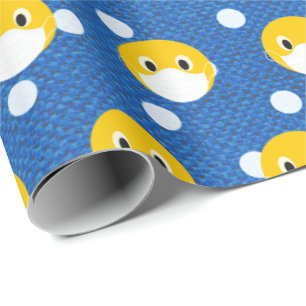yellow smile face with mask on polka dots wrapping paper