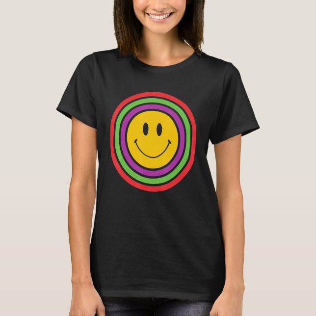Yellow Smile Happy Face 70s Aesthetic Rainbow Grap T-Shirt (Front)