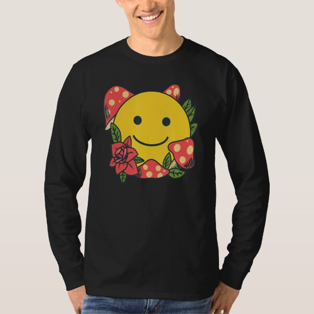 Yellow Smile   Smiling Face Cute Mushroom Rose Flo T-Shirt (Front)