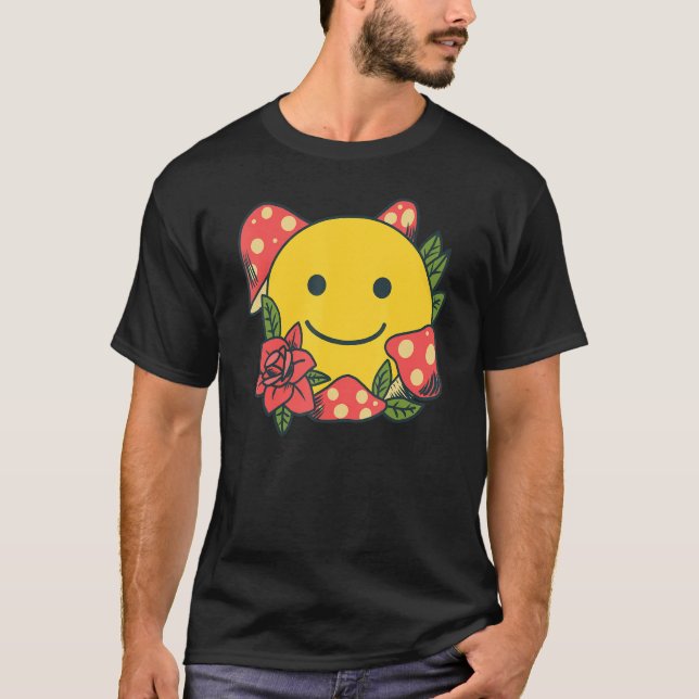 Yellow Smile   Smiling Face Cute Mushroom Rose Flo T-Shirt (Front)