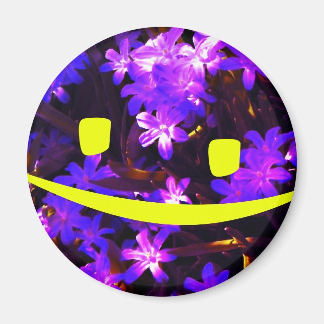 Yellow Smiley Face over Blue Flowers Magnet (Front)