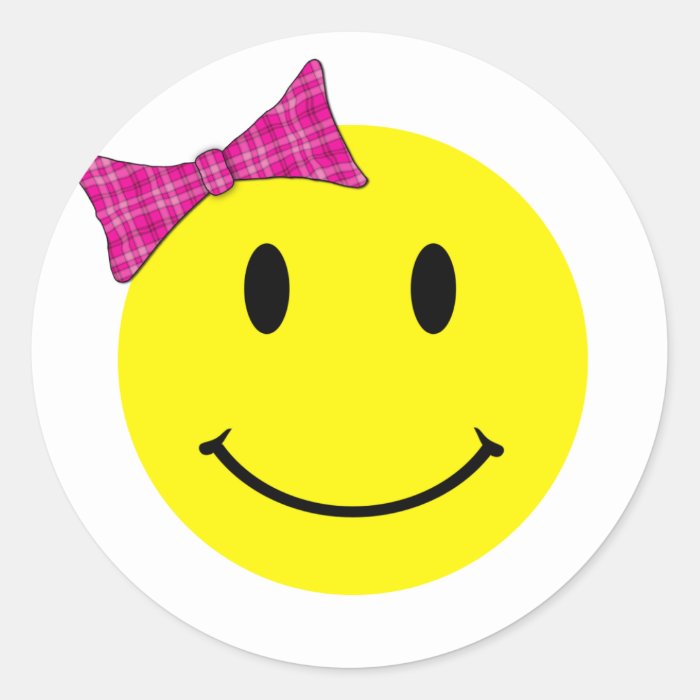 Yellow Smiley Face Pink Bow Round Sticker