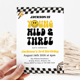 Yellow Smiley Face Retro Groovy Boy 3rd Birthday Invitation