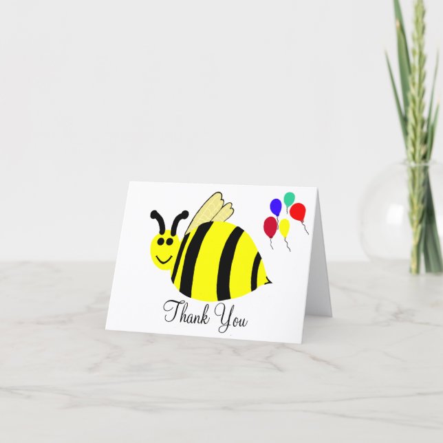 Yellow Smiling Bumble Bee and Balloons Thank You Card (Front)