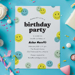 Yellow Smiling Happy Face Kids Birthday Party Invitation<br><div class="desc">A fun and bright kids birthday party invitation with yellow,  blue and light green smiling face icons. The back of the card features a yellow and white checkered pattern that suits the retro vibe.</div>