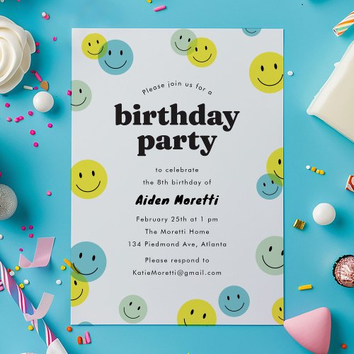 Yellow Smiling Happy Face Kids Birthday Party Invitation