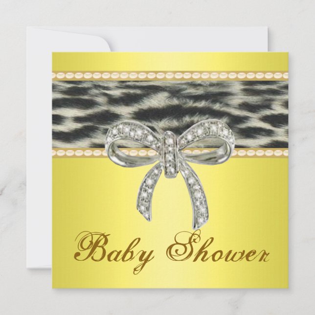 Yellow Snow Leopard Diamond Bow Baby Shower Invite (Front)