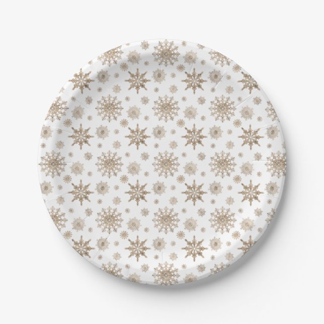 Yellow Snowflake Pattern On White Paper Plates (Front)