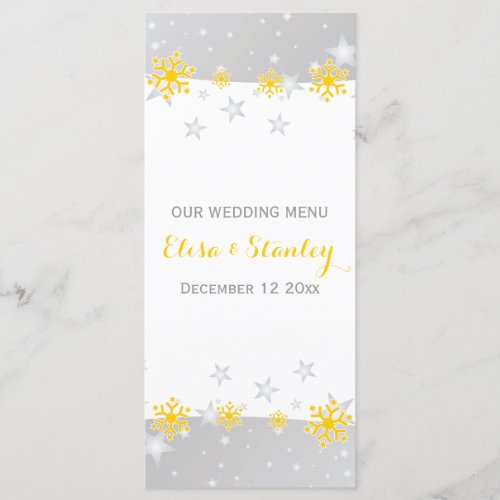 Yellow snowflakes grey stars wedding menu card