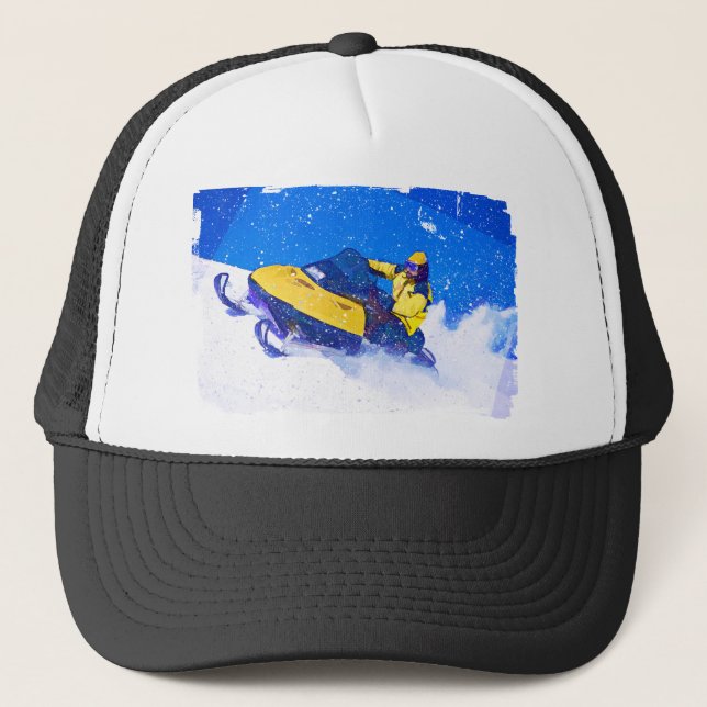 Yellow Snowmobile in Blizzard Trucker Hat (Front)
