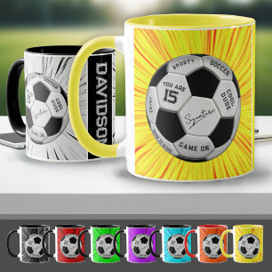 Yellow Soccer Ball Custom Age Name Birthday Mug