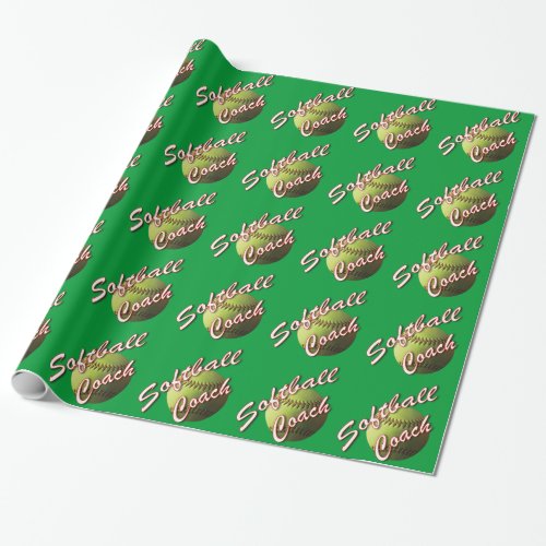 Yellow Softball Coach on Field Green Wrapping Paper