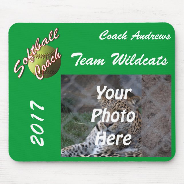 Yellow Softball Coach Script with Team Pic Text Mouse Pad (Front)