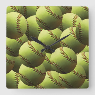 Yellow Softball Fast Pitch Multi Ball Square Wall Clock