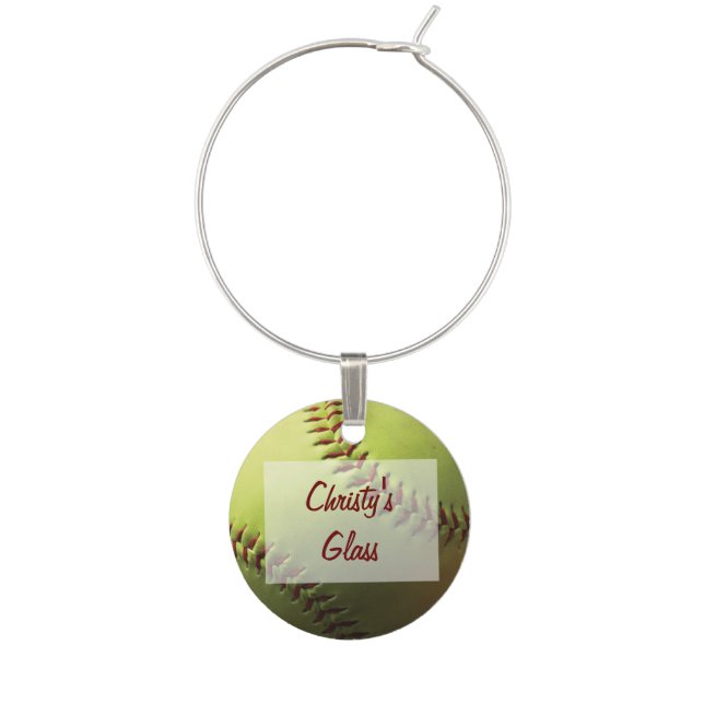 Yellow Softball Personalized Wine Glass Charm (Front)