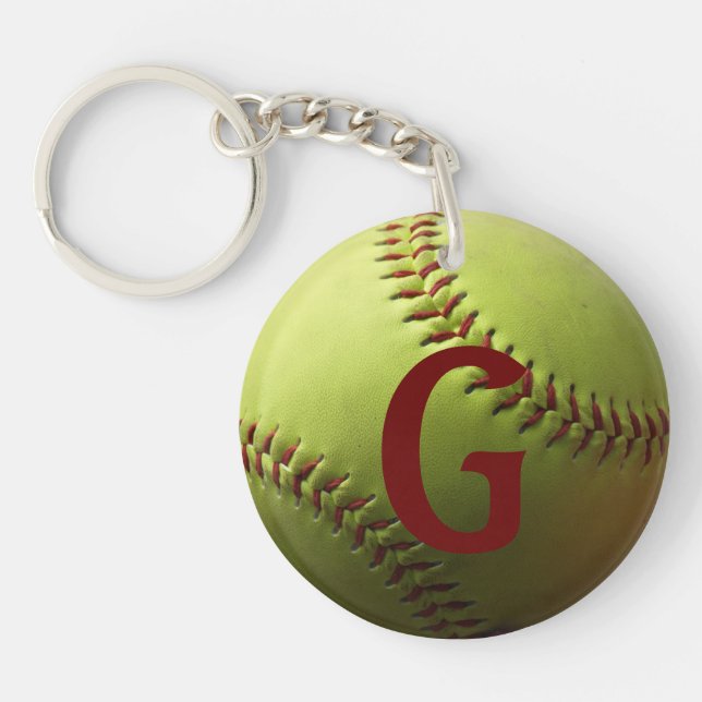 Yellow Softball Red Initial or Number Keychain (Front)