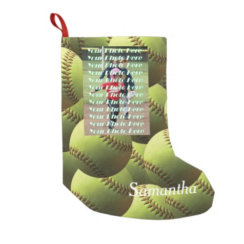 Yellow Softball with Player Photo Small Christmas Stocking