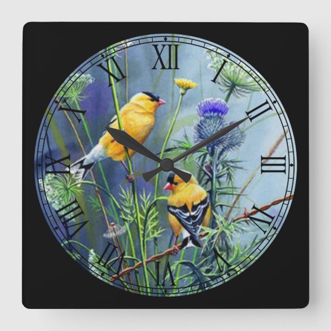 Yellow Song Birds Playing Roman Numeral Square Wall Clock (Front)