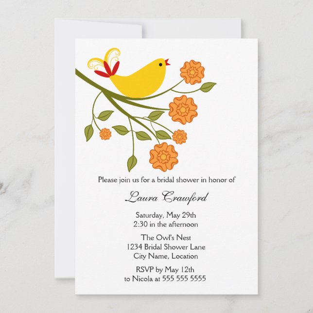 Yellow Songbird Bridal Shower Invitation (Front)